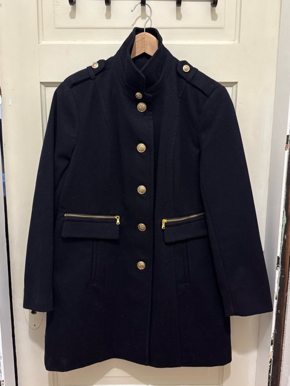 Coldwater Creek Black Military-Style Pea Coat with Gold Buttons